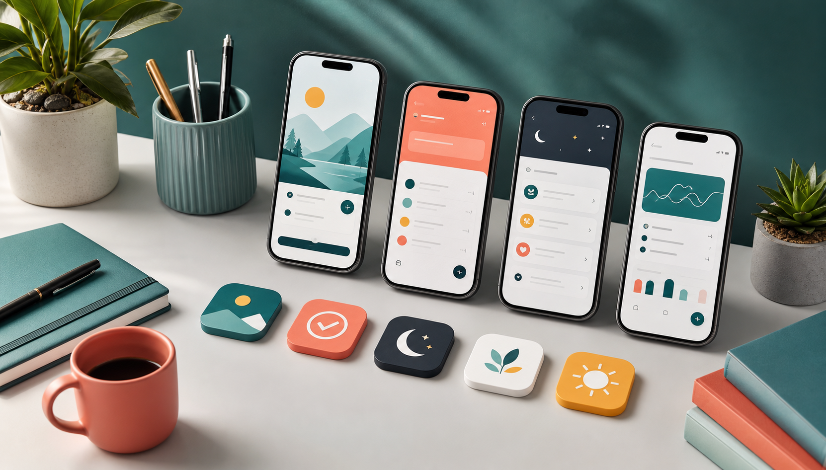 Mobile app screens and app icons arranged on a desk